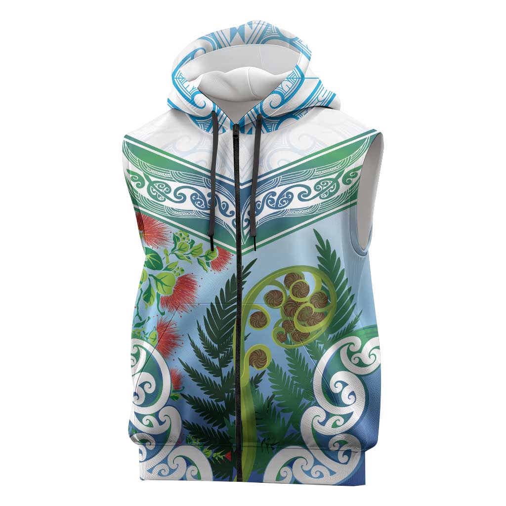 Aotearoa New Zealand Natural Plants Sleeveless Zip Hoodie Pohutukawa with Silver Ferns Koru Frond Maori Tattoos LT03 Multicolor - Polynesian Pride