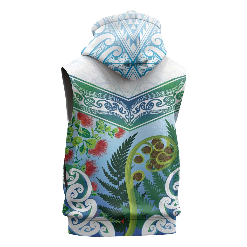 Aotearoa New Zealand Natural Plants Sleeveless Zip Hoodie Pohutukawa with Silver Ferns Koru Frond Maori Tattoos LT03 - Polynesian Pride