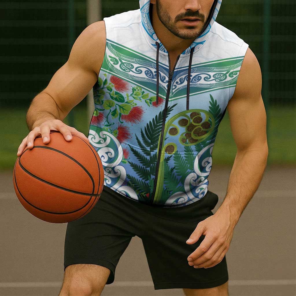 Aotearoa New Zealand Natural Plants Sleeveless Zip Hoodie Pohutukawa with Silver Ferns Koru Frond Maori Tattoos LT03 - Polynesian Pride