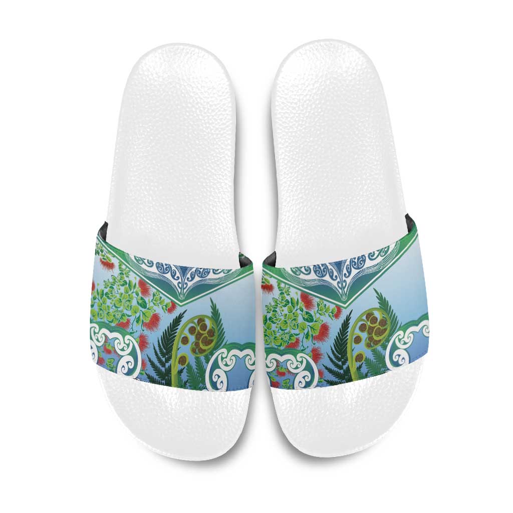 Aotearoa New Zealand Natural Plants Slide Sandals Pohutukawa with Silver Ferns Koru Frond Maori Tattoos LT03 Multicolor - Polynesian Pride
