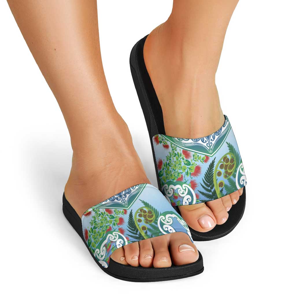 Aotearoa New Zealand Natural Plants Slide Sandals Pohutukawa with Silver Ferns Koru Frond Maori Tattoos LT03 - Polynesian Pride