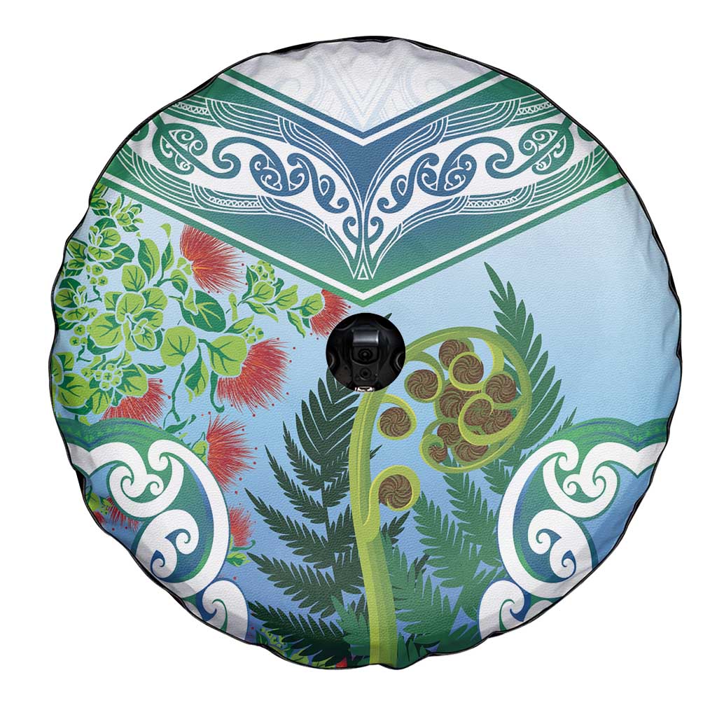 Aotearoa New Zealand Natural Plants Spare Tire Cover Pohutukawa with Silver Ferns Koru Frond Maori Tattoos LT03 - Polynesian Pride