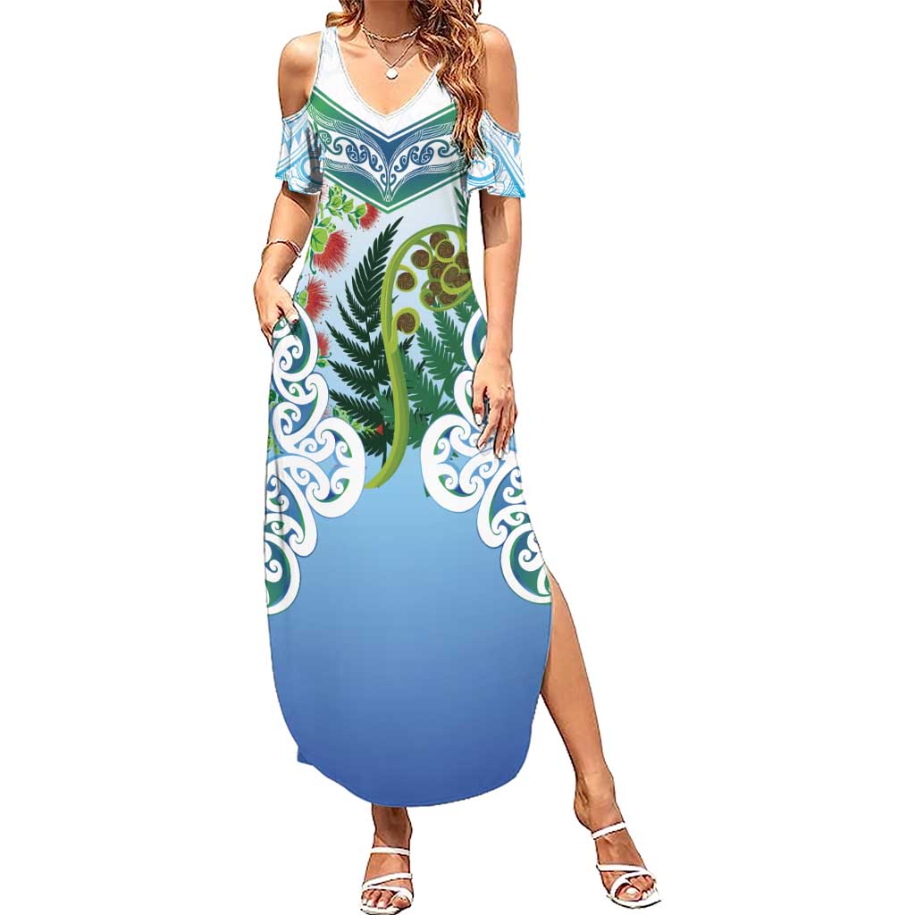 Aotearoa New Zealand Natural Plants Summer Maxi Dress Pohutukawa with Silver Ferns Koru Frond Maori Tattoos