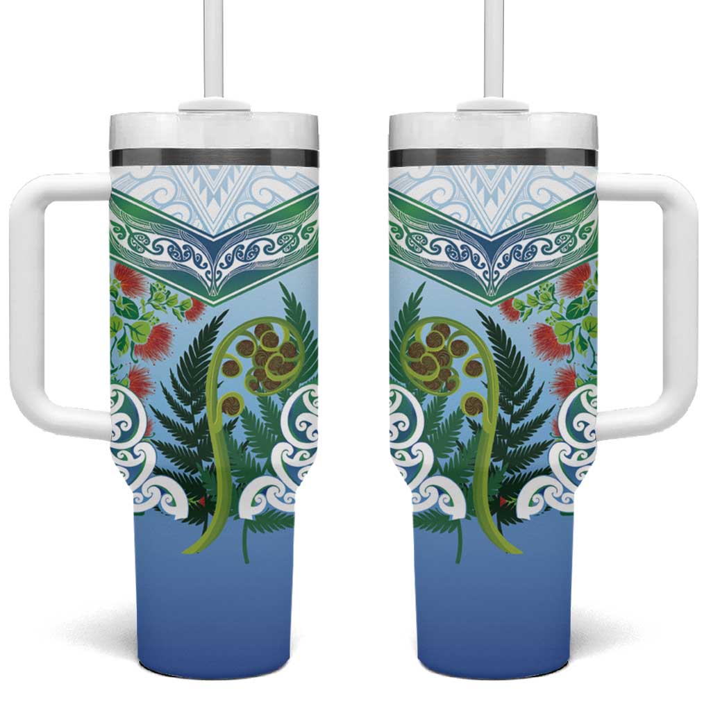 Aotearoa New Zealand Natural Plants Tumbler With Handle Pohutukawa with Silver Ferns Koru Frond Maori Tattoos