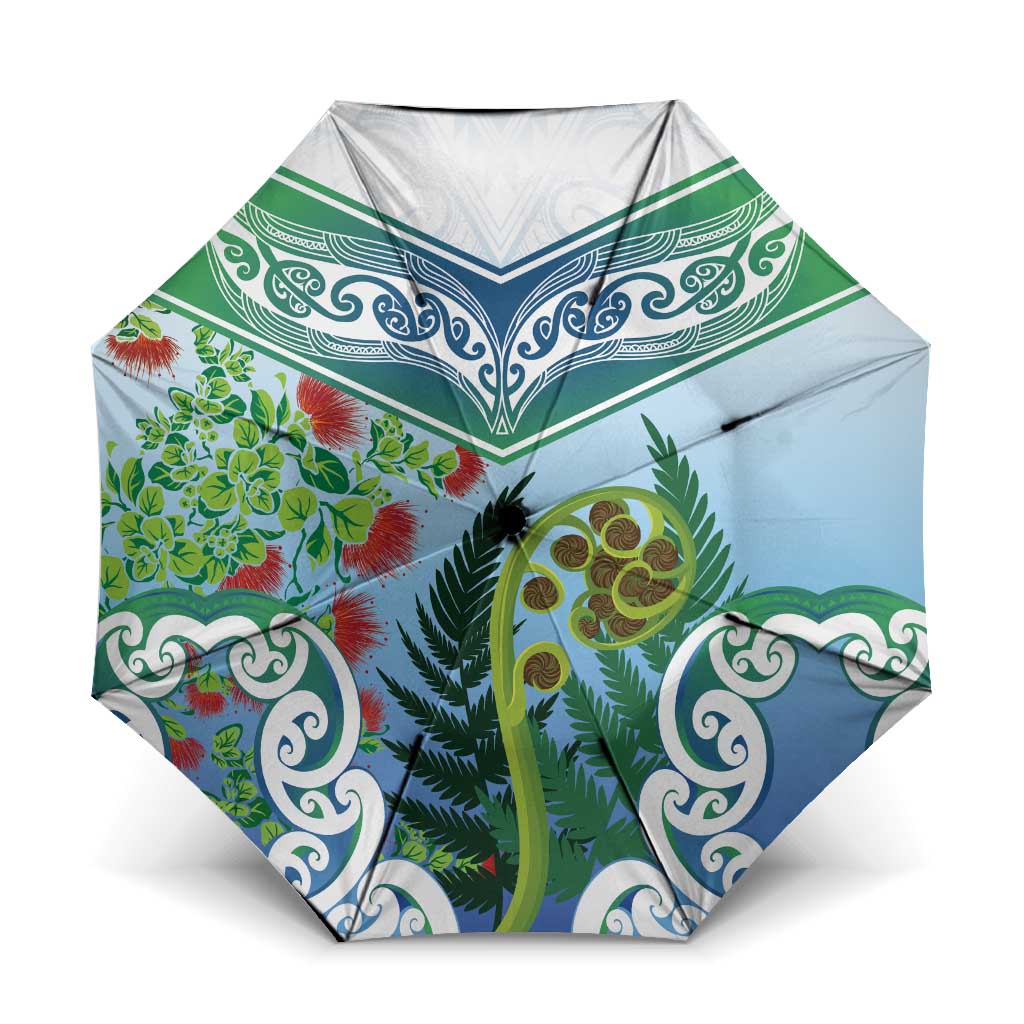 Aotearoa New Zealand Natural Plants Umbrella Pohutukawa with Silver Ferns Koru Frond Maori Tattoos LT03 One Size Folded 11.42 inch Opened Diameter 37.4 inch Multicolor - Polynesian Pride