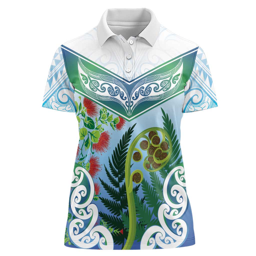 Aotearoa New Zealand Natural Plants Women Polo Shirt Pohutukawa with Silver Ferns Koru Frond Maori Tattoos LT03 Female Multicolor - Polynesian Pride