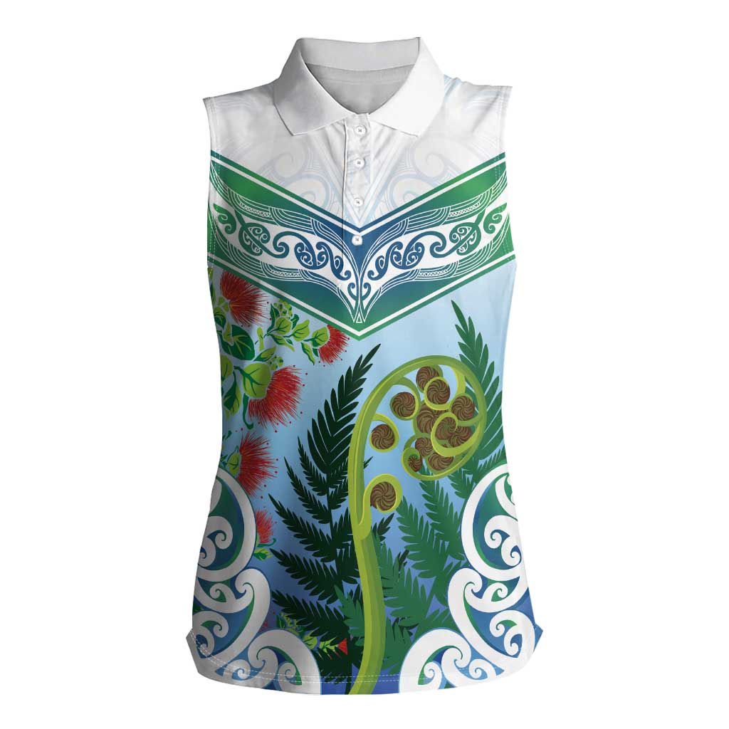 Aotearoa New Zealand Natural Plants Women Sleeveless Polo Shirt Pohutukawa with Silver Ferns Koru Frond Maori Tattoos LT03 Female Multicolor - Polynesian Pride