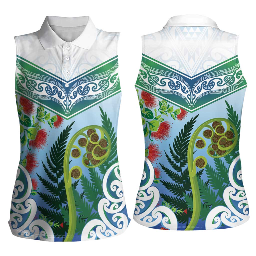 Aotearoa New Zealand Natural Plants Women Sleeveless Polo Shirt Pohutukawa with Silver Ferns Koru Frond Maori Tattoos LT03 - Polynesian Pride