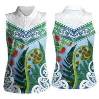 Aotearoa New Zealand Natural Plants Women Sleeveless Polo Shirt Pohutukawa with Silver Ferns Koru Frond Maori Tattoos LT03 - Polynesian Pride
