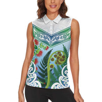 Aotearoa New Zealand Natural Plants Women Sleeveless Polo Shirt Pohutukawa with Silver Ferns Koru Frond Maori Tattoos LT03 - Polynesian Pride