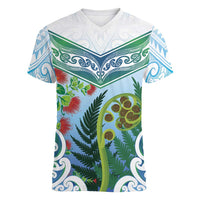 Aotearoa New Zealand Natural Plants Women V-Neck T-Shirt Pohutukawa with Silver Ferns Koru Frond Maori Tattoos LT03 Female Multicolor - Polynesian Pride