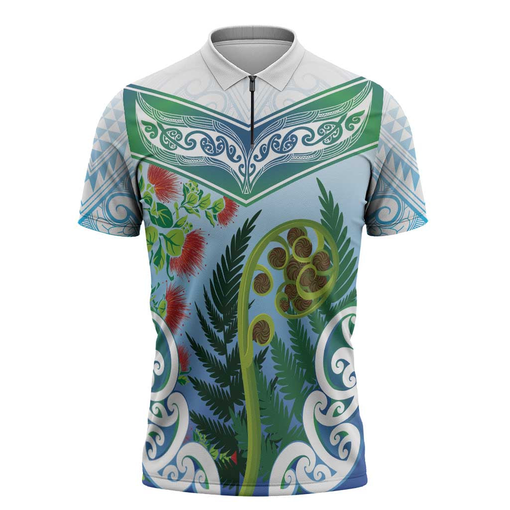 Aotearoa New Zealand Natural Plants Zipper Polo Shirt Pohutukawa with Silver Ferns Koru Frond Maori Tattoos LT03 Multicolor - Polynesian Pride