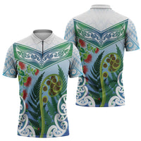 Aotearoa New Zealand Natural Plants Zipper Polo Shirt Pohutukawa with Silver Ferns Koru Frond Maori Tattoos LT03 - Polynesian Pride