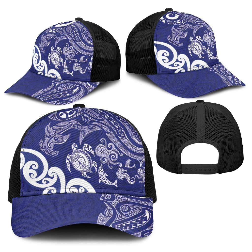 New Zealand Sea Animals with Maori Tribal Tattoo Baseball Net Cap Blue Color