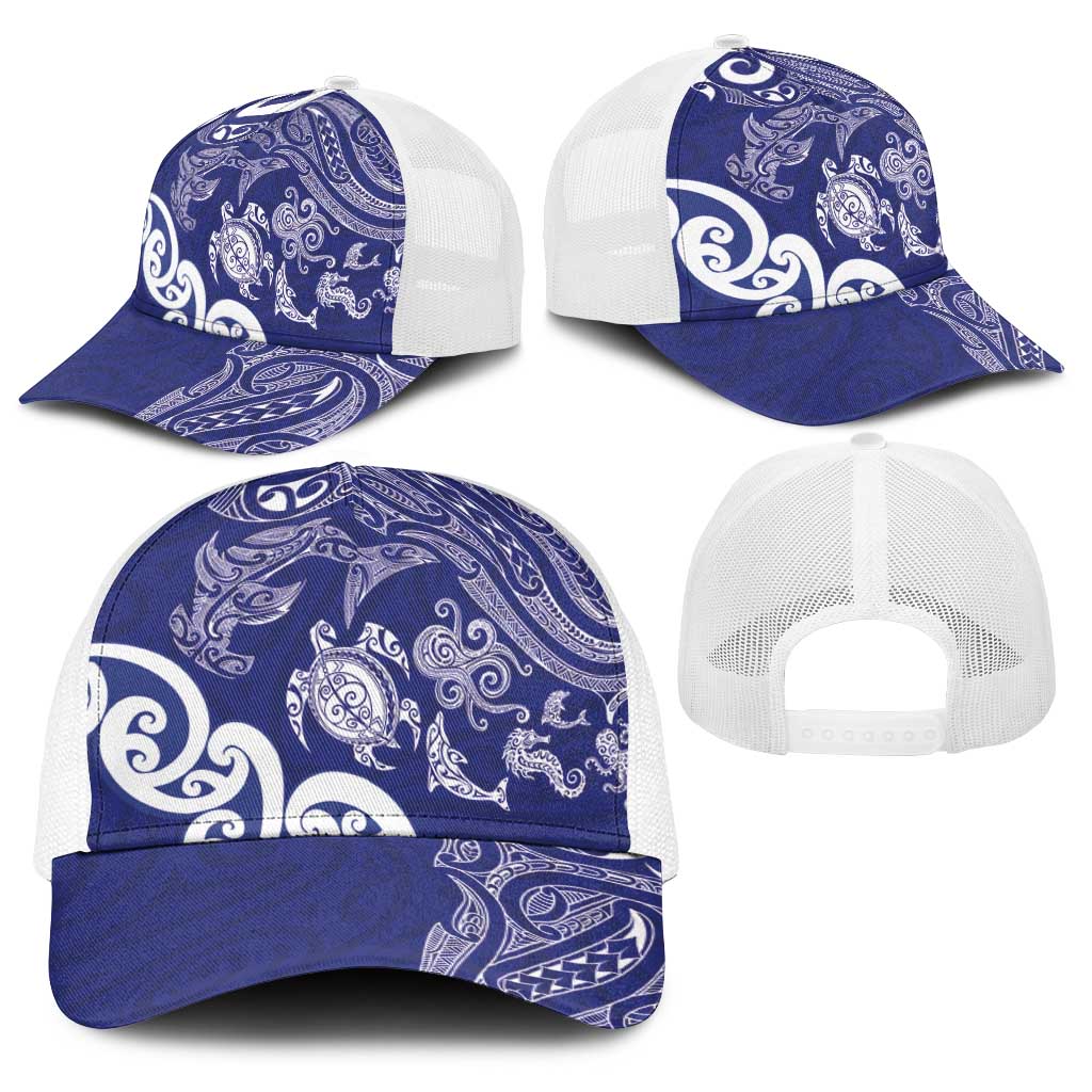 New Zealand Sea Animals with Maori Tribal Tattoo Baseball Net Cap Blue Color