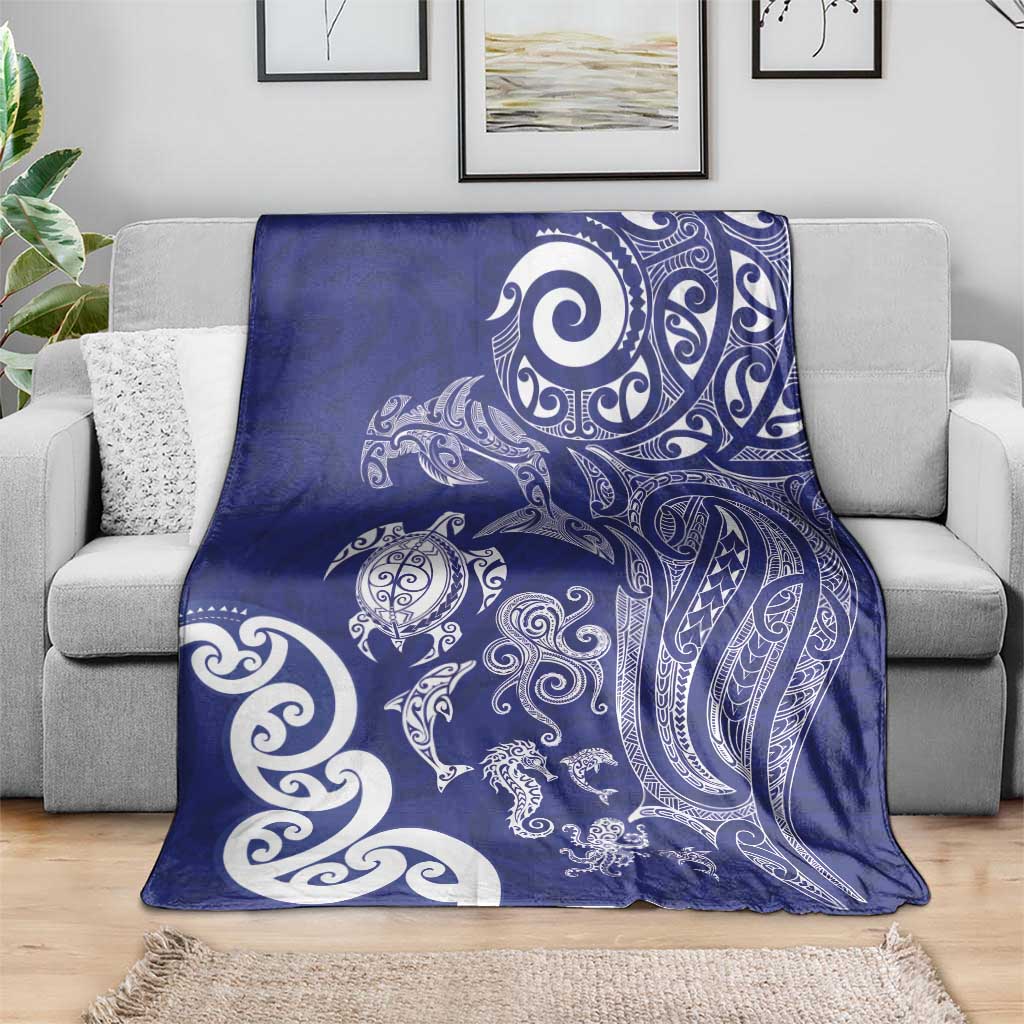 New Zealand Sea Animals with Maori Tribal Tattoo Blanket Blue Color