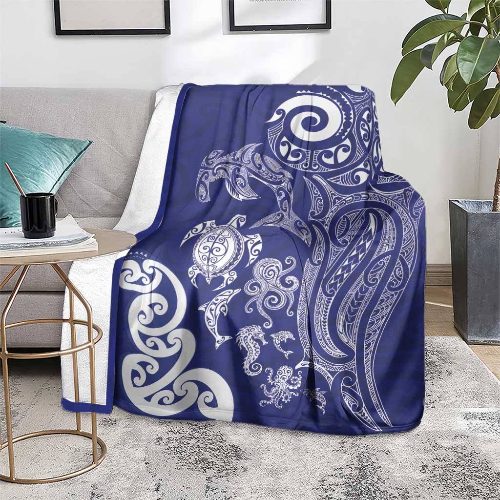 New Zealand Sea Animals with Maori Tribal Tattoo Blanket Blue Color
