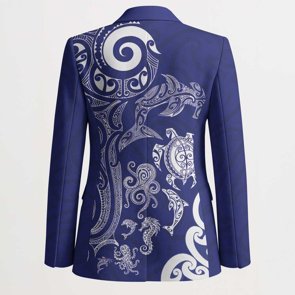 New Zealand Sea Animals with Maori Tribal Tattoo Blazer Blue Color