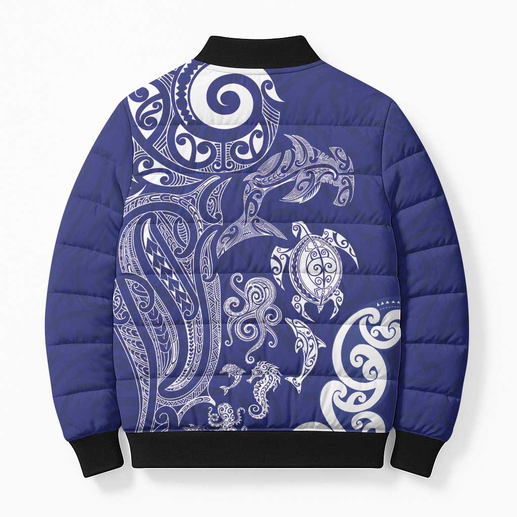 New Zealand Sea Animals with Maori Tribal Tattoo Bomber Puffer Jacket Blue Color
