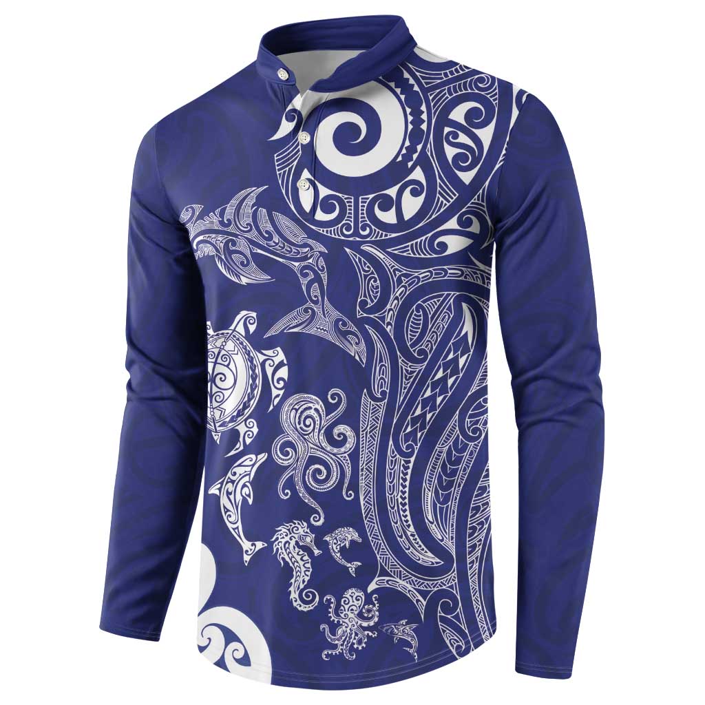 New Zealand Sea Animals with Maori Tribal Tattoo Button Sweatshirt Blue Color