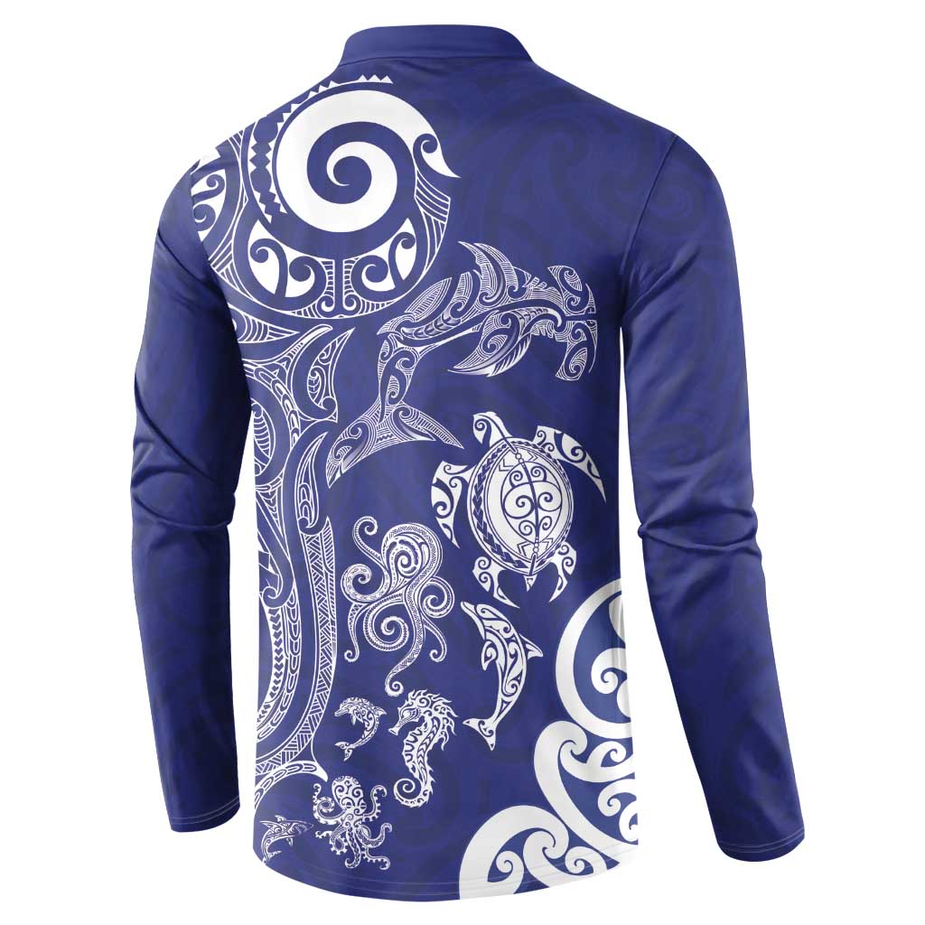 New Zealand Sea Animals with Maori Tribal Tattoo Button Sweatshirt Blue Color