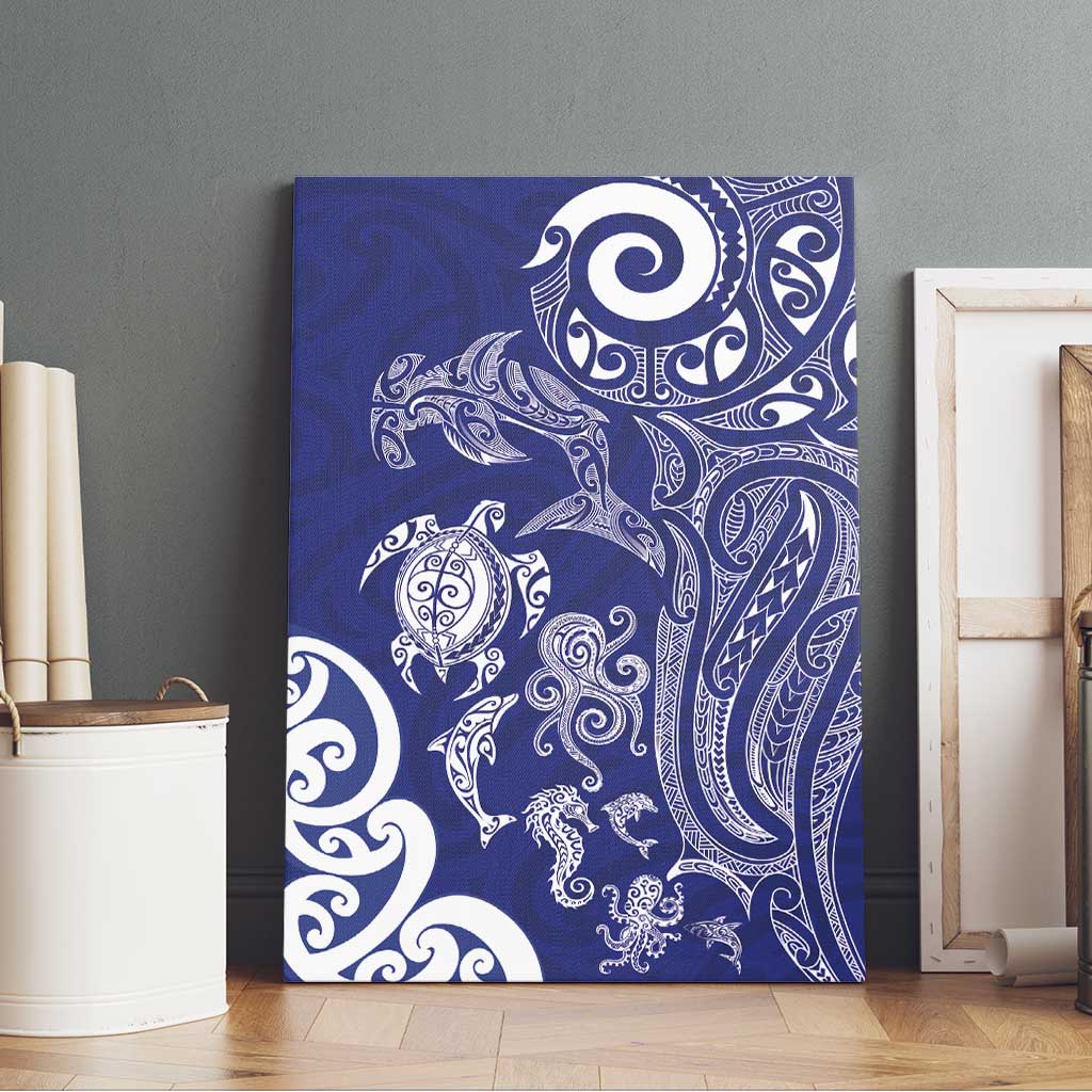 New Zealand Sea Animals with Maori Tribal Tattoo Canvas Wall Art Blue Color