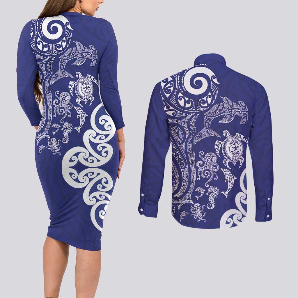 New Zealand Sea Animals with Maori Tribal Tattoo Couples Matching Long Sleeve Bodycon Dress and Long Sleeve Button Shirt Blue Color LT03 - Polynesian Pride
