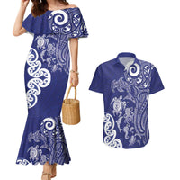 New Zealand Sea Animals with Maori Tribal Tattoo Couples Matching Mermaid Dress and Hawaiian Shirt Blue Color LT03 Blue - Polynesian Pride