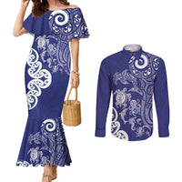New Zealand Sea Animals with Maori Tribal Tattoo Couples Matching Mermaid Dress and Long Sleeve Button Shirt Blue Color LT03 Blue - Polynesian Pride