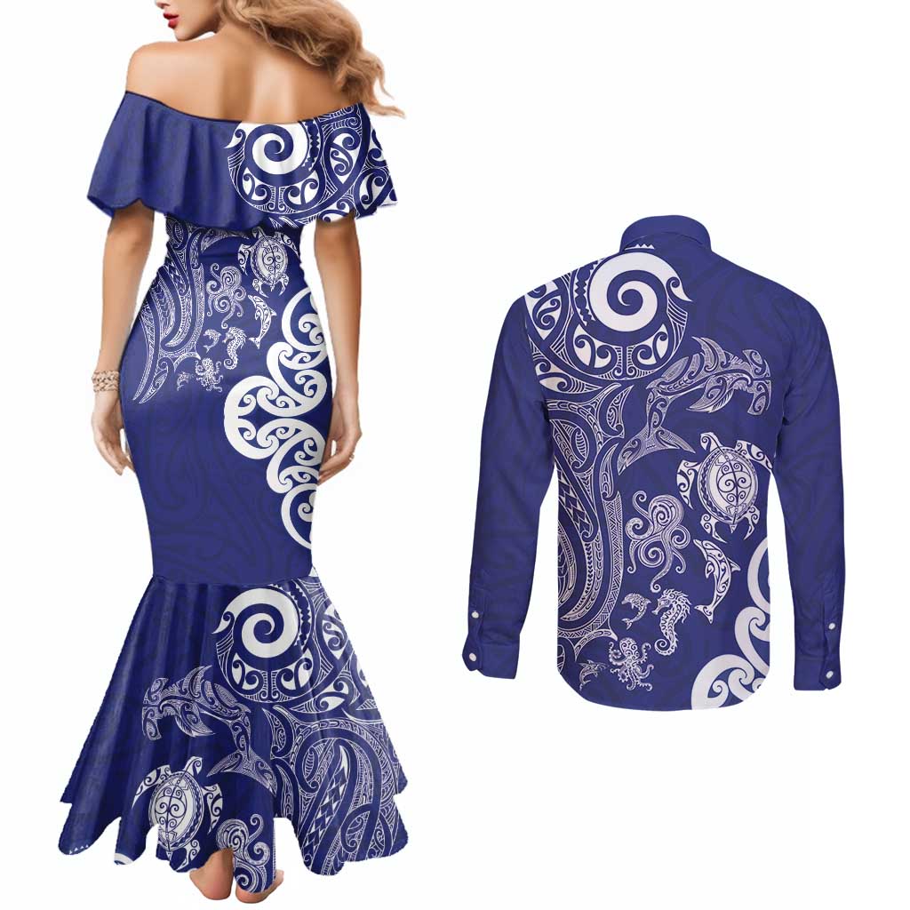 New Zealand Sea Animals with Maori Tribal Tattoo Couples Matching Mermaid Dress and Long Sleeve Button Shirt Blue Color LT03 - Polynesian Pride