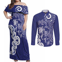 New Zealand Sea Animals with Maori Tribal Tattoo Couples Matching Off Shoulder Maxi Dress and Long Sleeve Button Shirt Blue Color LT03 Blue - Polynesian Pride