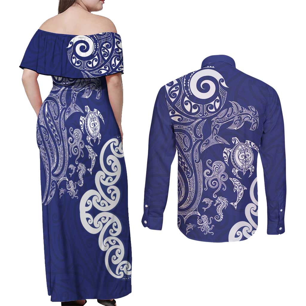 New Zealand Sea Animals with Maori Tribal Tattoo Couples Matching Off Shoulder Maxi Dress and Long Sleeve Button Shirt Blue Color LT03 - Polynesian Pride