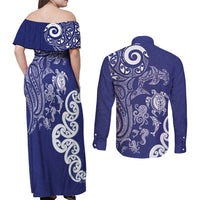 New Zealand Sea Animals with Maori Tribal Tattoo Couples Matching Off Shoulder Maxi Dress and Long Sleeve Button Shirt Blue Color LT03 - Polynesian Pride