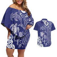 New Zealand Sea Animals with Maori Tribal Tattoo Couples Matching Off Shoulder Short Dress and Hawaiian Shirt Blue Color LT03 Blue - Polynesian Pride