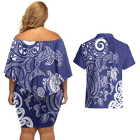 New Zealand Sea Animals with Maori Tribal Tattoo Couples Matching Off Shoulder Short Dress and Hawaiian Shirt Blue Color LT03 - Polynesian Pride