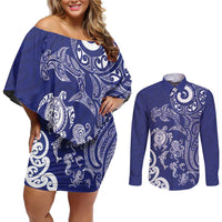 New Zealand Sea Animals with Maori Tribal Tattoo Couples Matching Off Shoulder Short Dress and Long Sleeve Button Shirt Blue Color LT03 Blue - Polynesian Pride