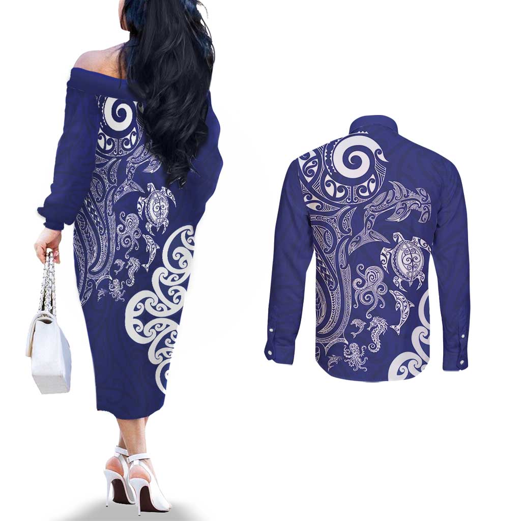 New Zealand Sea Animals with Maori Tribal Tattoo Couples Matching Off The Shoulder Long Sleeve Dress and Long Sleeve Button Shirt Blue Color LT03 - Polynesian Pride