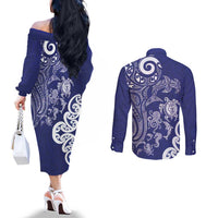 New Zealand Sea Animals with Maori Tribal Tattoo Couples Matching Off The Shoulder Long Sleeve Dress and Long Sleeve Button Shirt Blue Color LT03 - Polynesian Pride