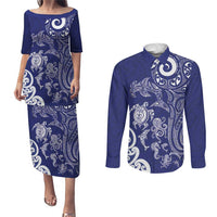 New Zealand Sea Animals with Maori Tribal Tattoo Couples Matching Puletasi and Long Sleeve Button Shirt Blue Color LT03 Blue - Polynesian Pride