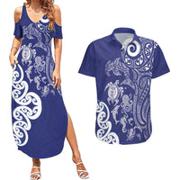 New Zealand Sea Animals with Maori Tribal Tattoo Couples Matching Summer Maxi Dress and Hawaiian Shirt Blue Color LT03 Blue - Polynesian Pride