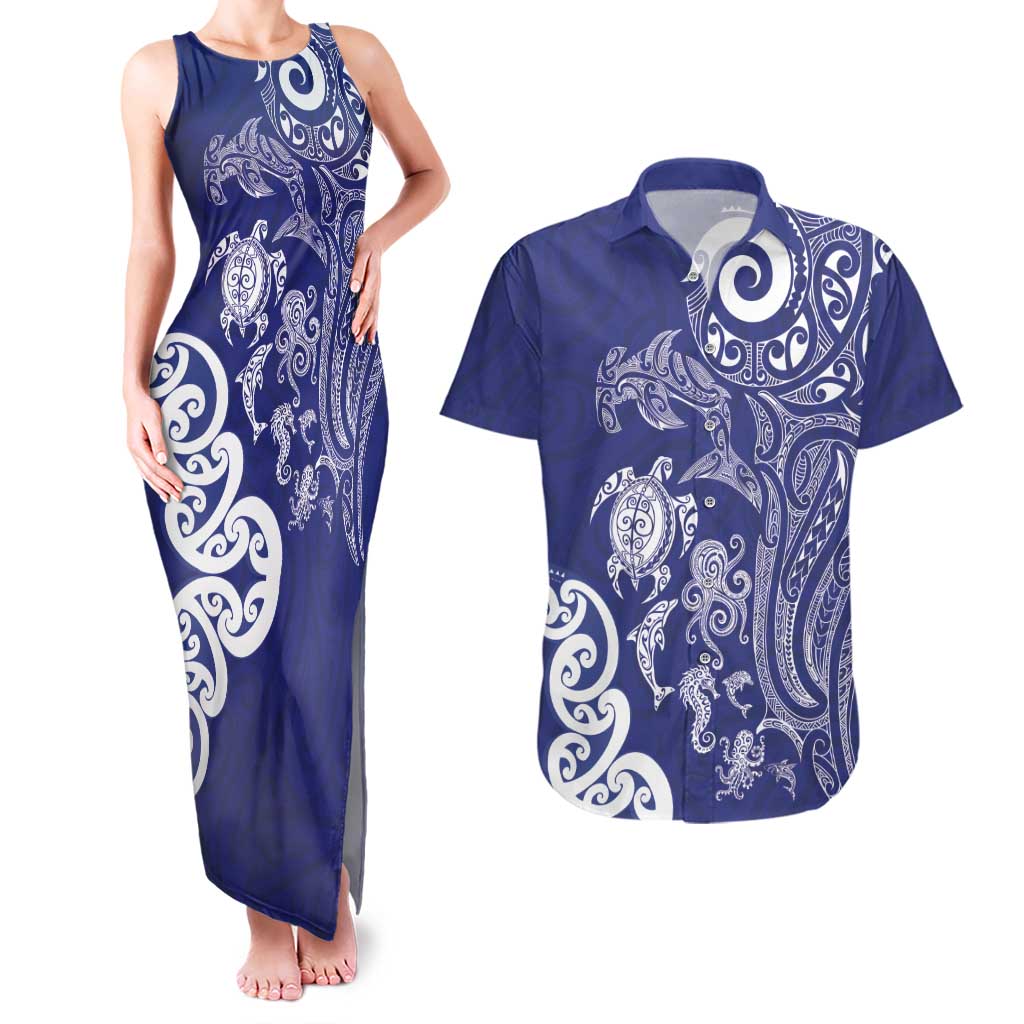 New Zealand Sea Animals with Maori Tribal Tattoo Couples Matching Tank Maxi Dress and Hawaiian Shirt Blue Color LT03 Blue - Polynesian Pride