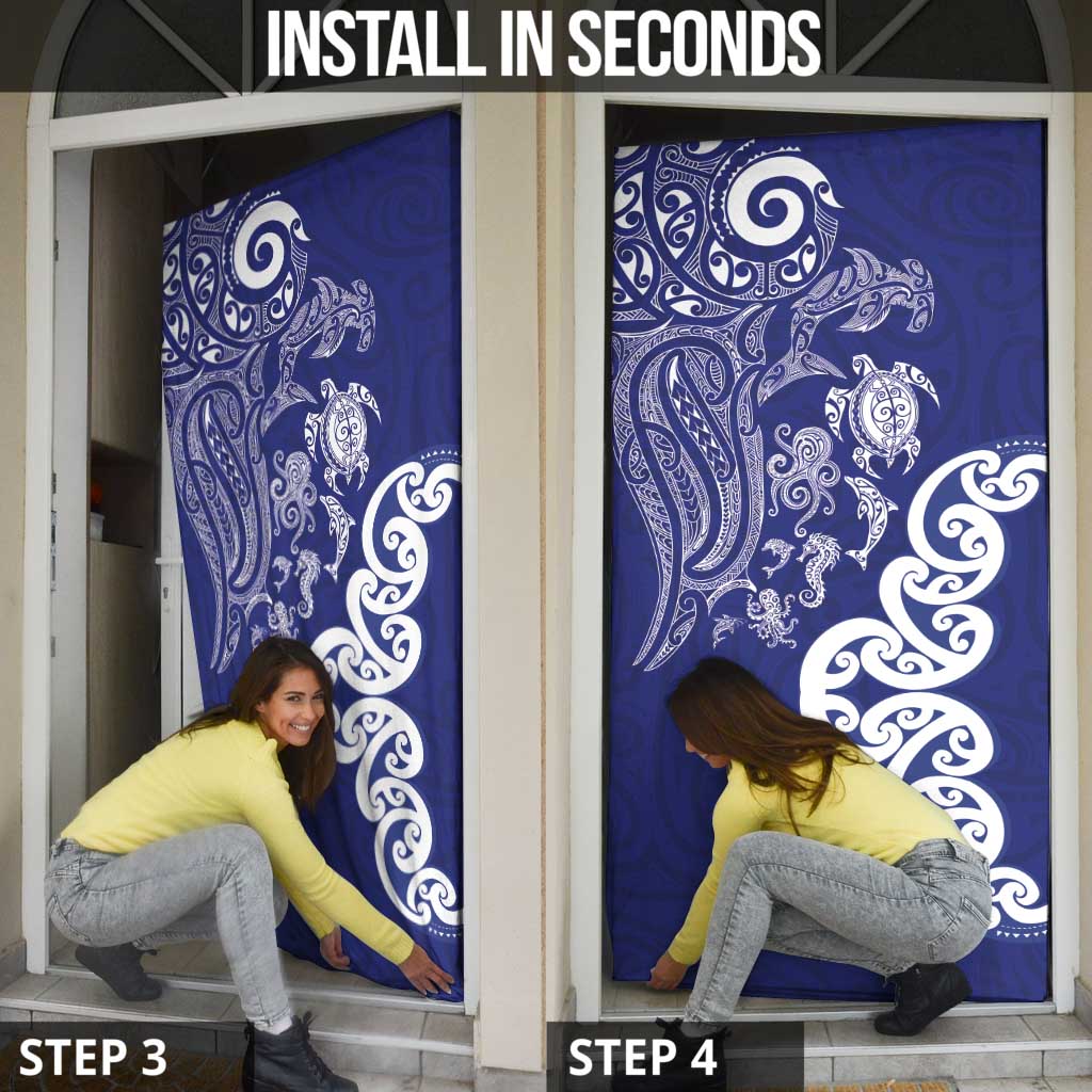 New Zealand Sea Animals with Maori Tribal Tattoo Door Cover Blue Color LT03 - Polynesian Pride