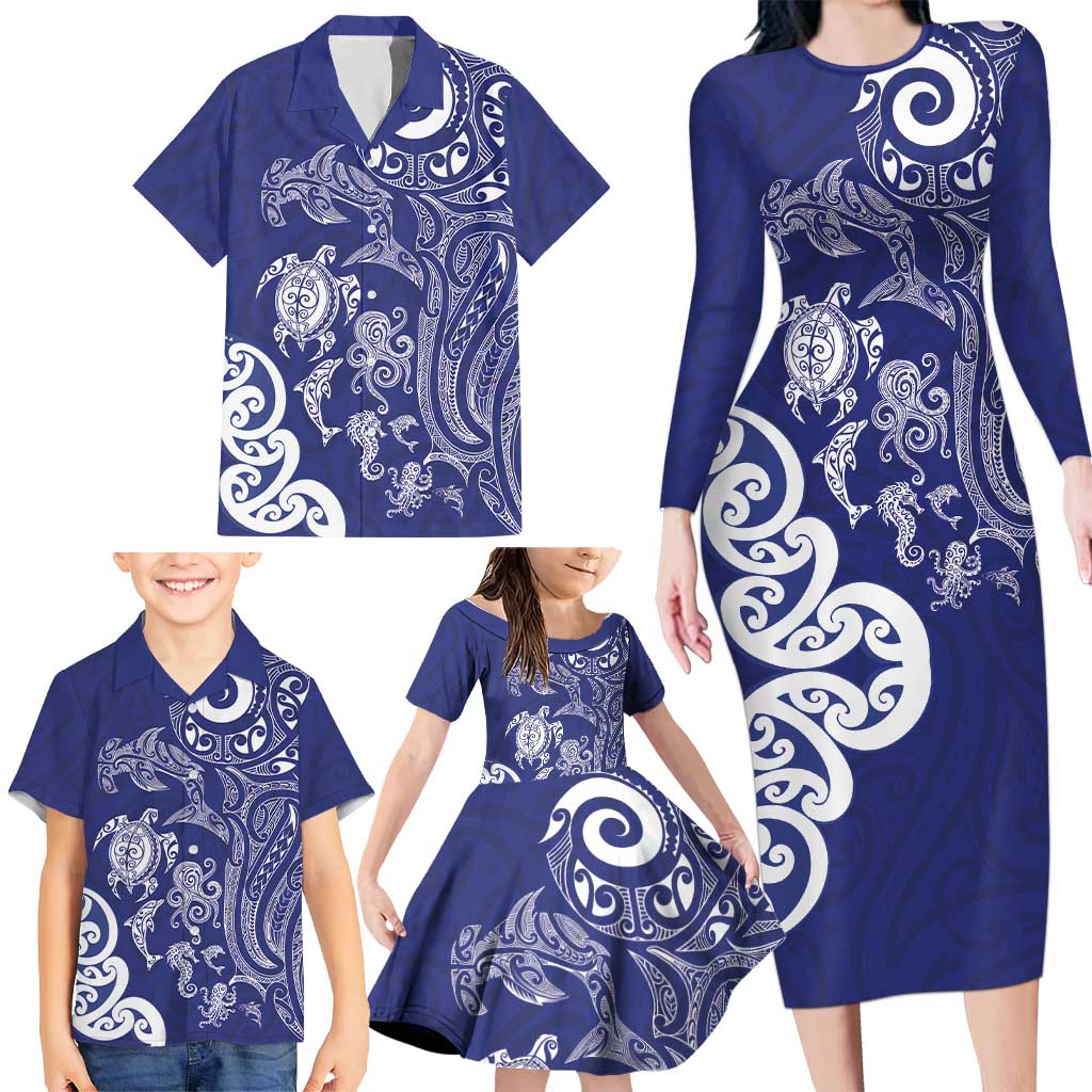 New Zealand Sea Animals with Maori Tribal Tattoo Family Matching Long Sleeve Bodycon Dress and Hawaiian Shirt Blue Color LT03 - Polynesian Pride