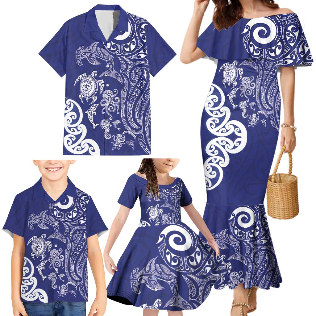 New Zealand Sea Animals with Maori Tribal Tattoo Family Matching Mermaid Dress and Hawaiian Shirt Blue Color