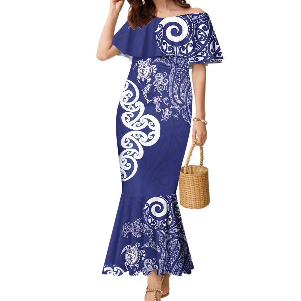 New Zealand Sea Animals with Maori Tribal Tattoo Family Matching Mermaid Dress and Hawaiian Shirt Blue Color LT03 Mom's Dress Blue - Polynesian Pride