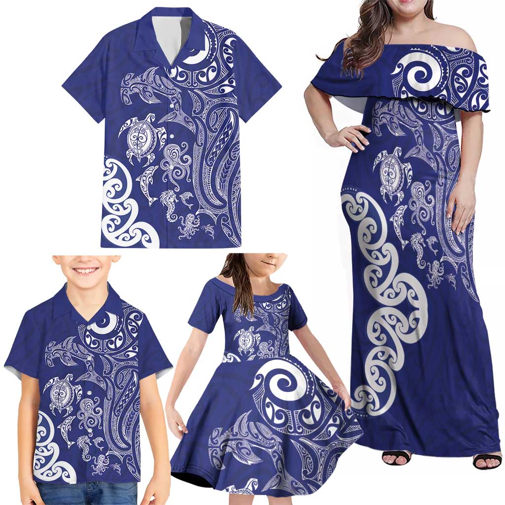 New Zealand Sea Animals with Maori Tribal Tattoo Family Matching Off Shoulder Maxi Dress and Hawaiian Shirt Blue Color LT03 - Polynesian Pride