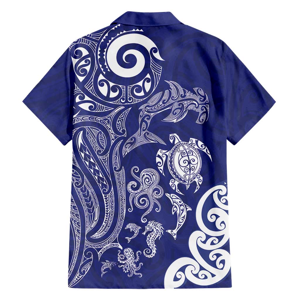 New Zealand Sea Animals with Maori Tribal Tattoo Family Matching Off Shoulder Maxi Dress and Hawaiian Shirt Blue Color LT03 - Polynesian Pride
