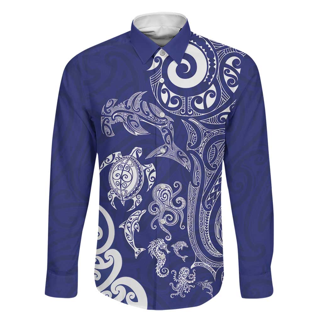 New Zealand Sea Animals with Maori Tribal Tattoo Family Matching Off Shoulder Maxi Dress and Hawaiian Shirt Blue Color LT03 Dad's Shirt - Long Sleeve Blue - Polynesian Pride