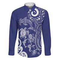 New Zealand Sea Animals with Maori Tribal Tattoo Family Matching Off Shoulder Maxi Dress and Hawaiian Shirt Blue Color LT03 Dad's Shirt - Long Sleeve Blue - Polynesian Pride