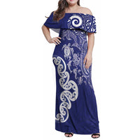 New Zealand Sea Animals with Maori Tribal Tattoo Family Matching Off Shoulder Maxi Dress and Hawaiian Shirt Blue Color LT03 Mom's Dress Blue - Polynesian Pride
